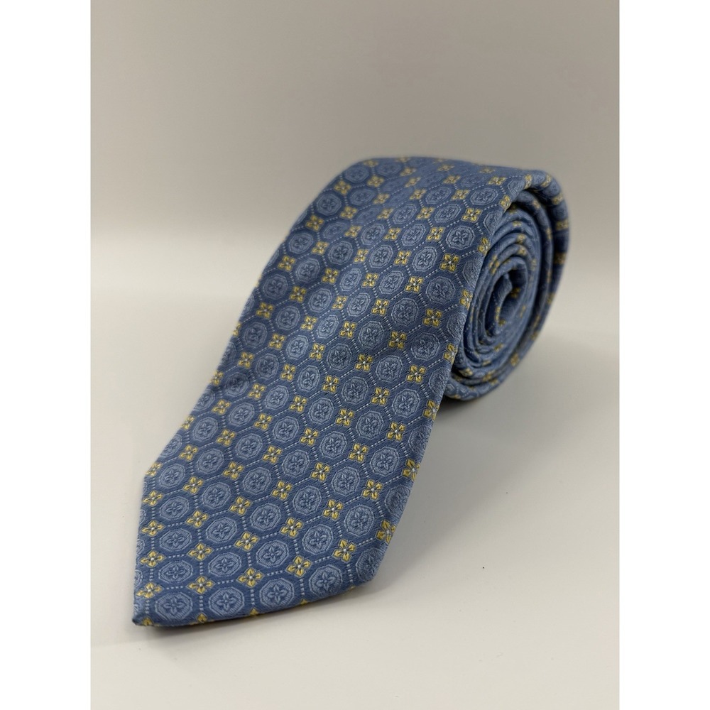 Valentino‎ Blue Tie Medallion Diamond Golden Silk Italy Designer Luxurious 3.25"